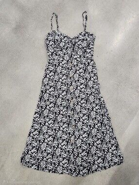 Sweetheart Midi Tropical Palm Ruched Dress Black/White